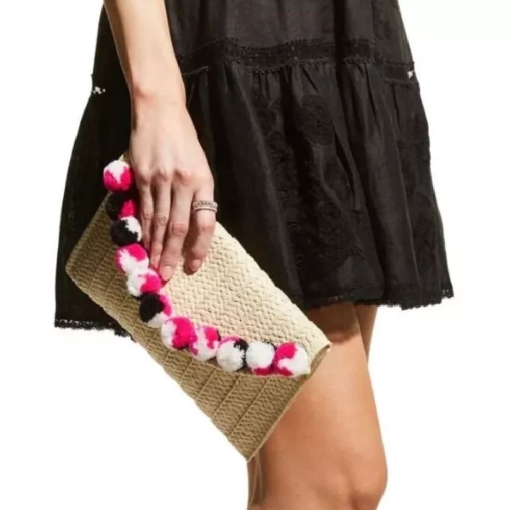 NWT BTB Los Angeles Sera Pom Pom Raffia Clutch in Purple Handbag
